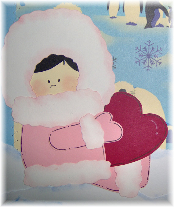 Eskimo Kisses 2 12x12 premade SEWN layout girl and boy eskimo igloo and penguin glittered